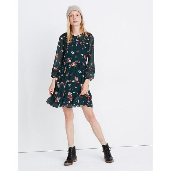 Madewell Womens Pintuck Green Floral Long Sleeve Dress Size 10 - Picture 1 of 15